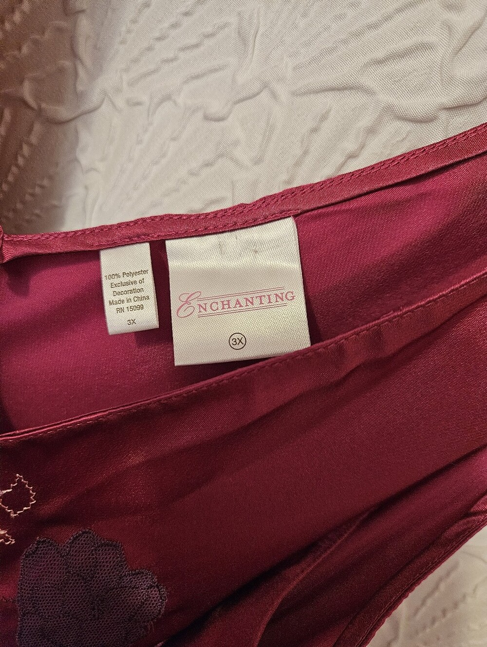 Silky V-Neck Burgundy Satin Slip Dress with Floral Embroidery - Picture 6 of 10